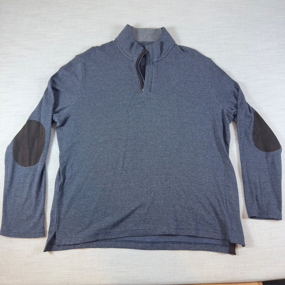 Banana Republic Mens Quarter Zip Houndstooth Pullover Blue Elbow Patches XXL